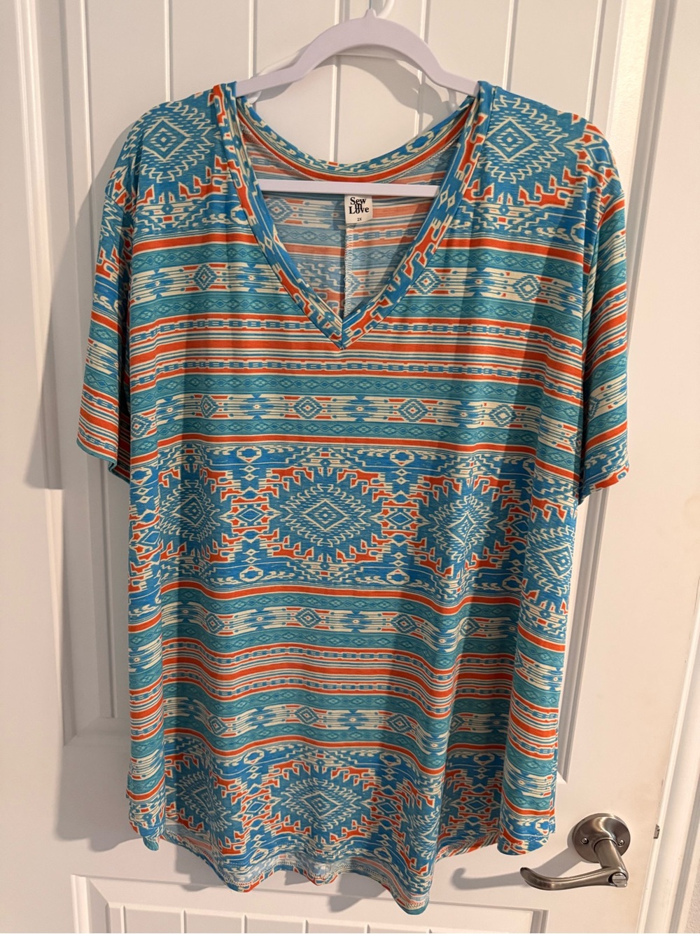Sew In Love Womens Turquoise & Orange Aztec Short Sleeve V-Neck Tee
